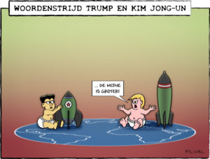 Cartoon woordenstrijd Trump en Kim Jong-un